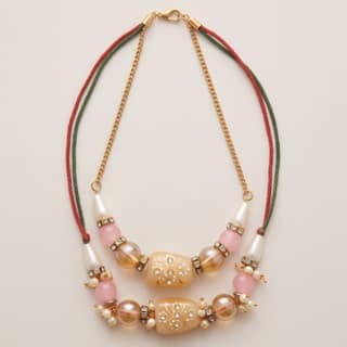 Artisanal Dual-Layered Beaded Necklace with Floral Pendants (set of 2)