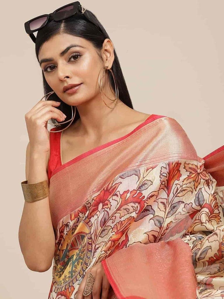 Women's Digital Printed Woven Silk Saree with unstiched blouse piece view 3