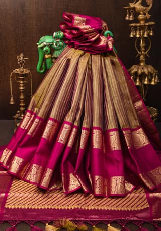 Moss Green Pure Silk Kanjivaram Saree with zari stripes and contrast rettaipet border | SILK MARK CERTIFIED