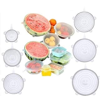 Set of 6 Reusable Safety Silicone Stretch Dishwasher Microwave and Freezer Safe Lids Flexible Covers for Rectangle Round Square, Bowls Plates Cans Jars Glassware and Mugs, White