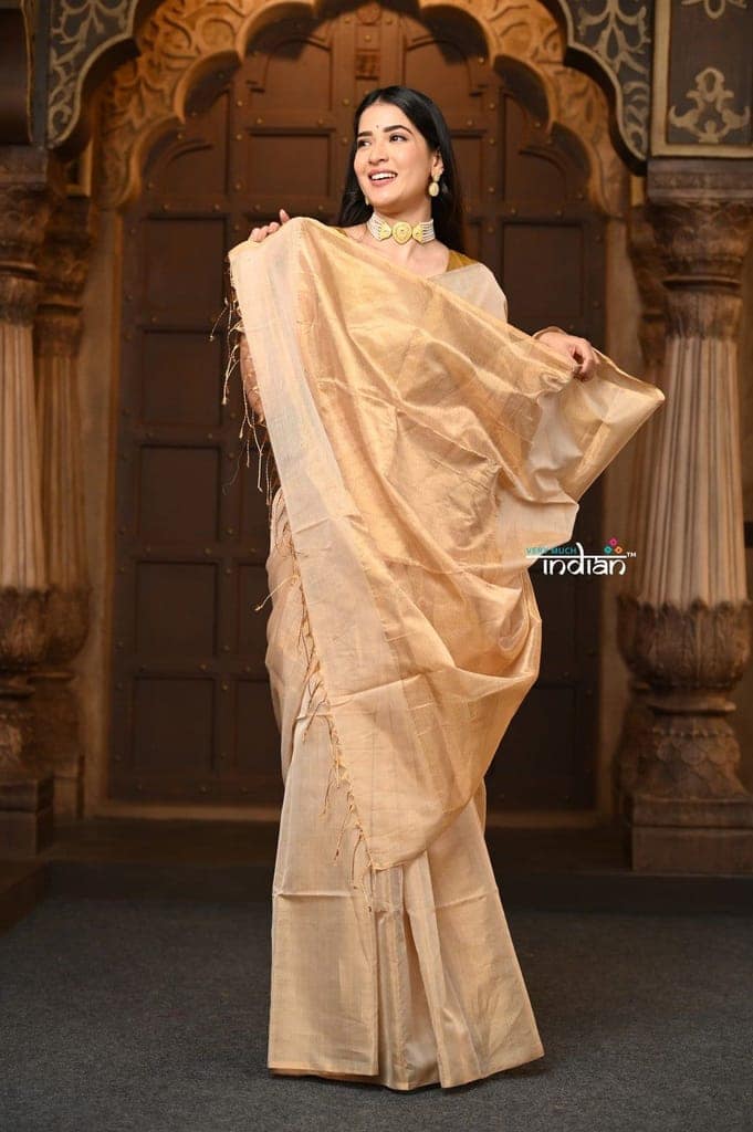 Parampara ~ Handloom Silk Tissue Chanderi Saree With Sleek Border~ Beige view 3
