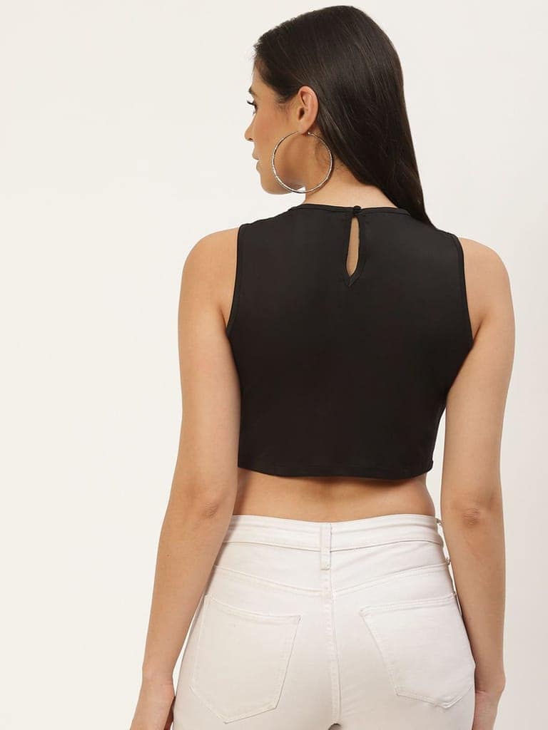 Black & Silver-Toned Embellished Sequined Crop Top view 4