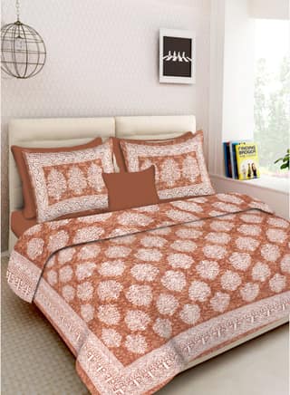 Lali Prints Jaipuri Brown Printed Cotton 130 TC Queen Bedsheet with 2 Pillow Covers