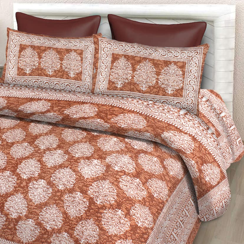 Lali Prints Jaipuri Brown Printed Cotton 130 TC Queen Bedsheet with 2 Pillow Covers view 2