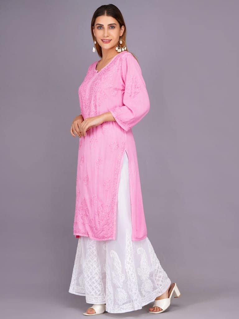Mrs Right Women's Handcrafted Lucknow Chikankari Top | Premium 22 Kg Reyon Fabric |Pink Embroidered Casual Ethnic Kurti view 4