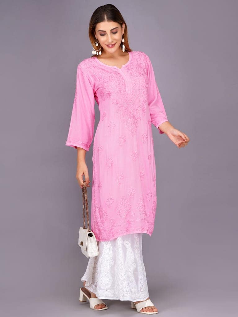 Mrs Right Women's Handcrafted Lucknow Chikankari Top | Premium 22 Kg Reyon Fabric |Pink Embroidered Casual Ethnic Kurti view 5