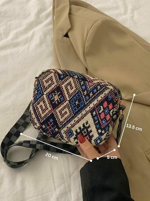 Women's Ethnic Jute Sling Bag with Adjustable Checkered Strap view 7