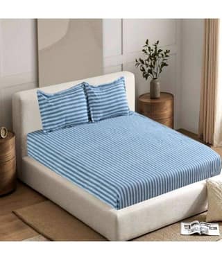 Valtellina Cotton 1 Double Bedsheet with 2 Pillow Covers ( Blue )