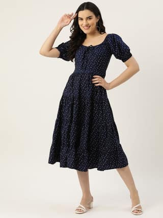 Geometric Print Tie-Up Neck Puff Sleeve Crepe Fit & Flare Midi Dress