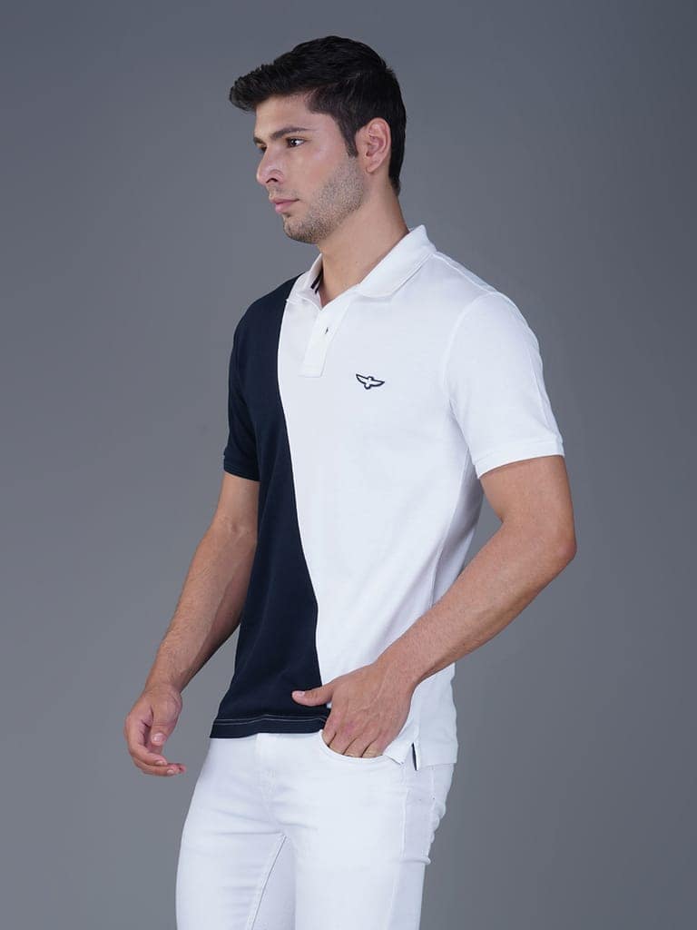 Men’s Premium Cotton Color Block Polo T-shirt White/Navy view 3