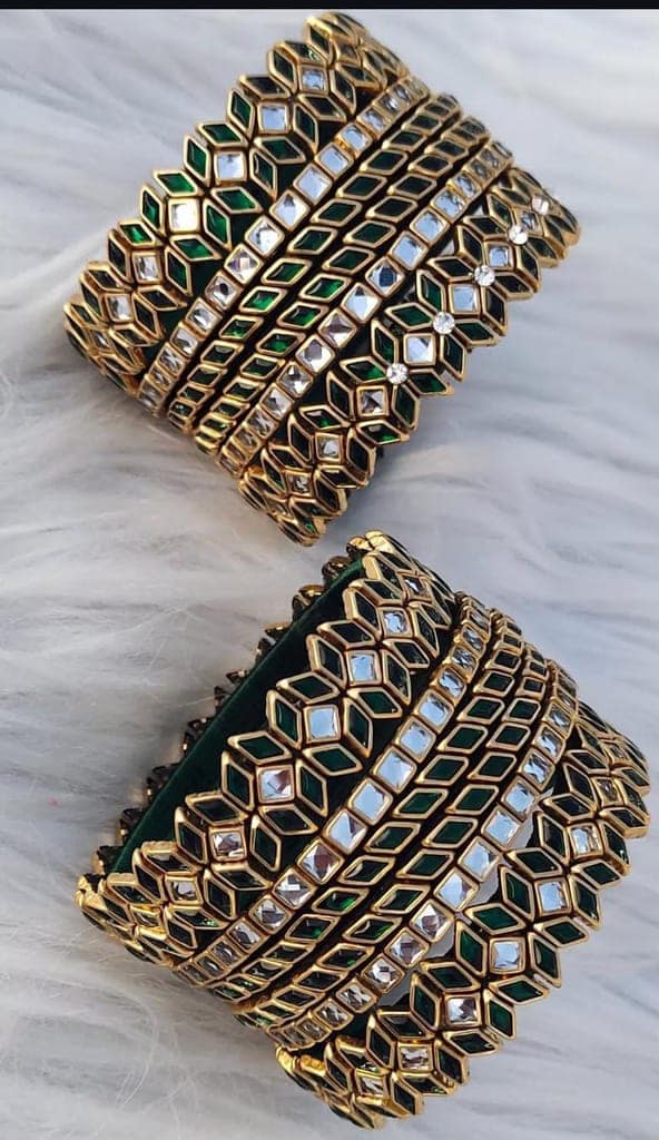 Gold Plated Green Bangle Set with Kundan Stones for Women view 2