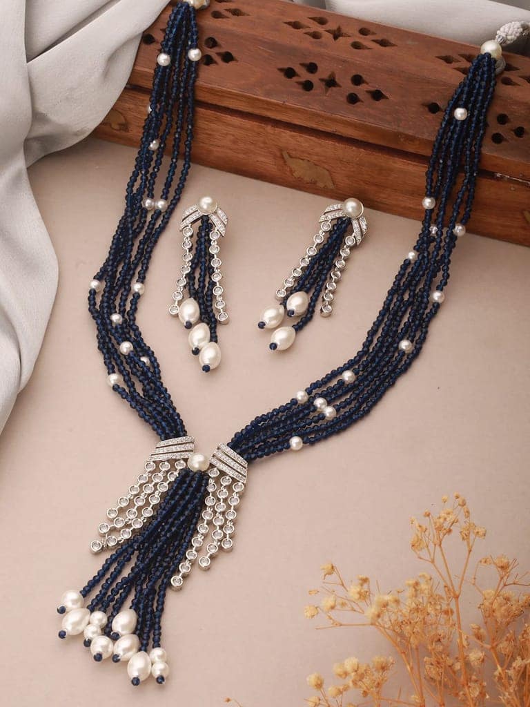 Silver Rhodium Plated Blue & White Pearls Multilayered Designer Maala Jewellery Set view 2