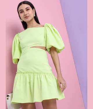 Tokyo Talkies Women Polyester Solid Drop Waist Dress ( Lime Green )