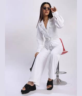 Bene Kleed Women Solid Shirt With Trousers Co-Ord Set ( White )