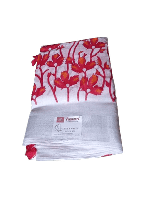 White Floral Printed Linen Saree With Blouse Piece