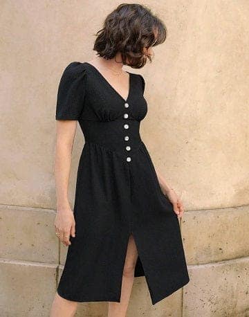 Timeless Noir V-neck Front Buttoned Chic Dress view 3