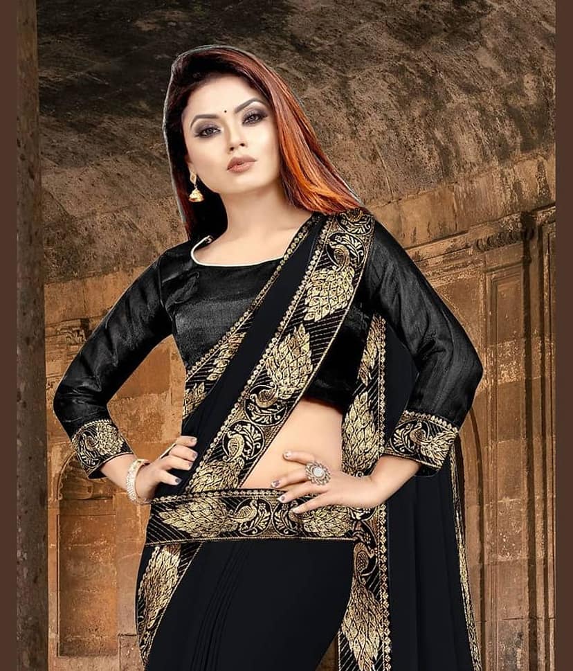 WXW Fashion Lycra Embroidered Regular Saree With Unstitched Blouse Piece ( Brown )