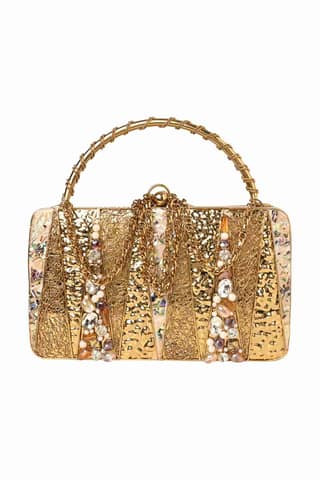 Golden Brass Metal Stone & Shell Embellished Clutch