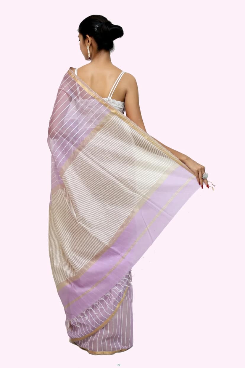 Elegant Linen Striated handloom Saree with Tassels view 4