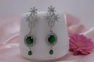 Rhodium Plated Green Stone Floral Dangle Earrings with Cubic Zirconia