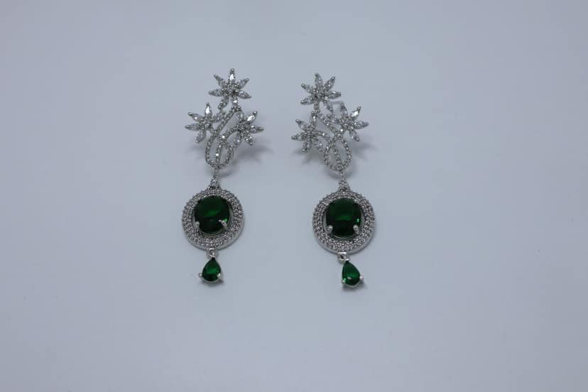 Rhodium Plated Green Stone Floral Dangle Earrings with Cubic Zirconia view 2