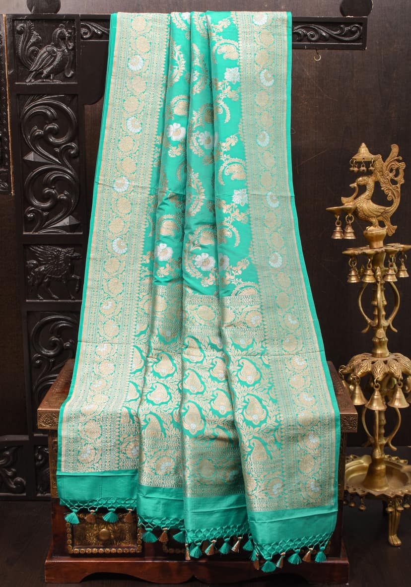 Cyan Alfi Pure Katan Silk Banarasi Saree with Floral Jaal Weave | SILK MARK CERTIFIED
