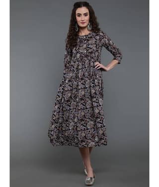 Antaran Women Cotton Printed A-line Dress ( Multicolor )