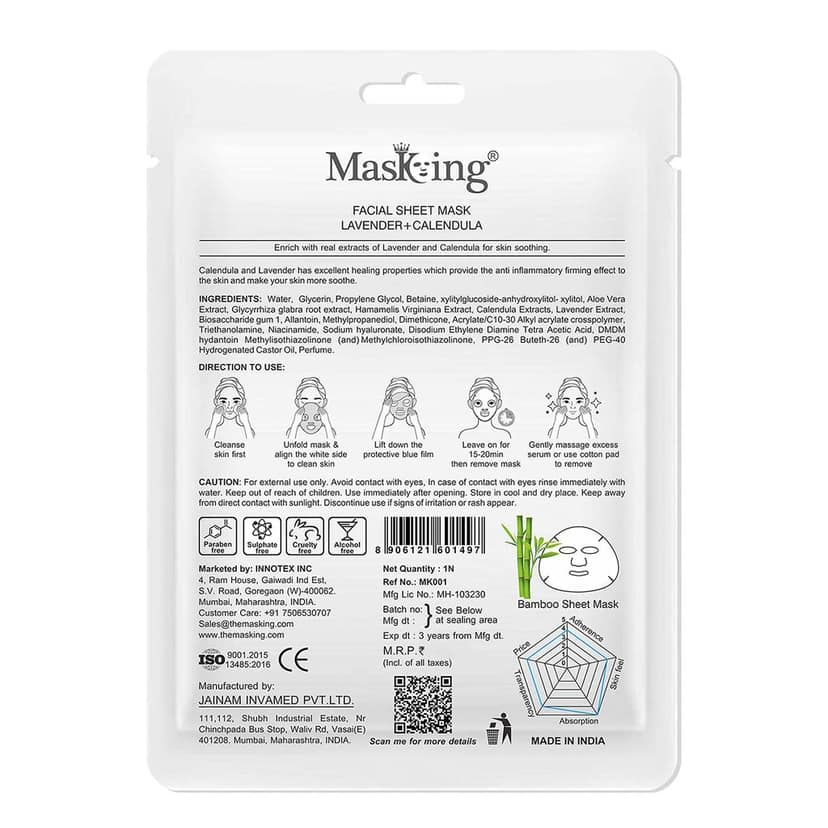 MasKing Bamboo Facial Sheet Mask of Lavender & Calendula for Skin Soothing Ideal for Women & Men, 20ml each (Pack of 4) view 3
