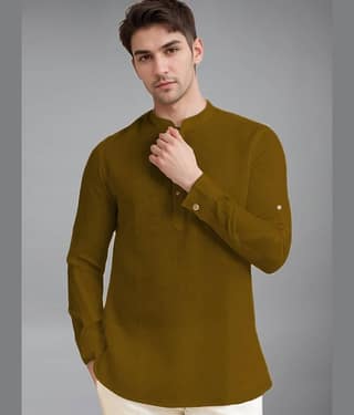 BHUVIKOO Cotton Blend Plain Shirt Style Kurta For Men ( Brown )