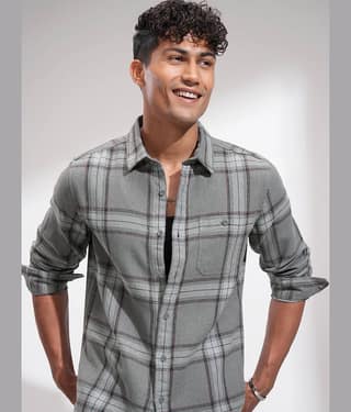 Highlander Poly Cotton Slim Fit Checks Full Sleeves Men's Casual Shirt - Grey ( Pack of 1 )