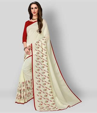 Dressy Silk Blends Printed Saree With Unstitched Blouse Piece ( White )