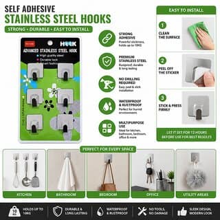 (Pack of 6) Self Adhesive Stainless Steel Wall Hooks Heavy Duty Waterproof Sticky Hooks for Kitchen, Bathroom Home