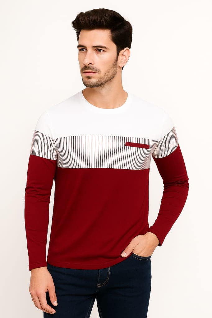 BASONTI Men's Color Block Long Sleeve T-Shirt - Maroon & White view 3