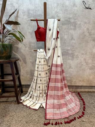 White & Red Cotton Saree by Divine Girls