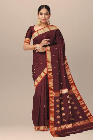 Wine Red Buti Handwoven Maheshwari Silk Saree with Red and Golden Zari Border SKU- BS10110
