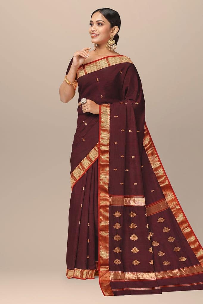 Wine Red Buti Handwoven Maheshwari Silk Saree with Red and Golden Zari Border SKU- BS10110 view 2