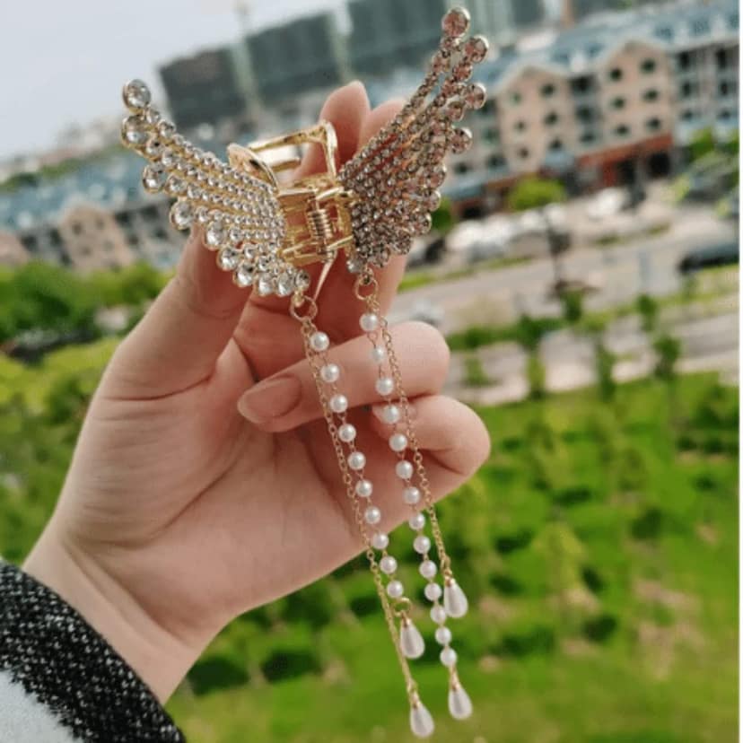 SBEAUTY Pearl Hair Accessories Butterfly Hair Clips | Wedding Claw Butterfly Hair Clutcher Metal Pearl Hair Clip | Stone Butterfly Women Hair Clutcher(PACK OF 1) view 3