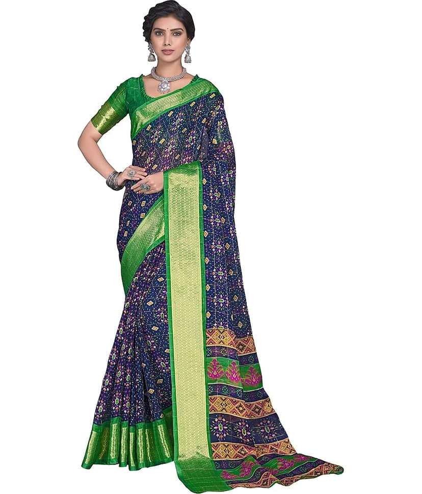 Sariya Organza Printed Saree With Unstitched Blouse Piece ( Navy Blue )