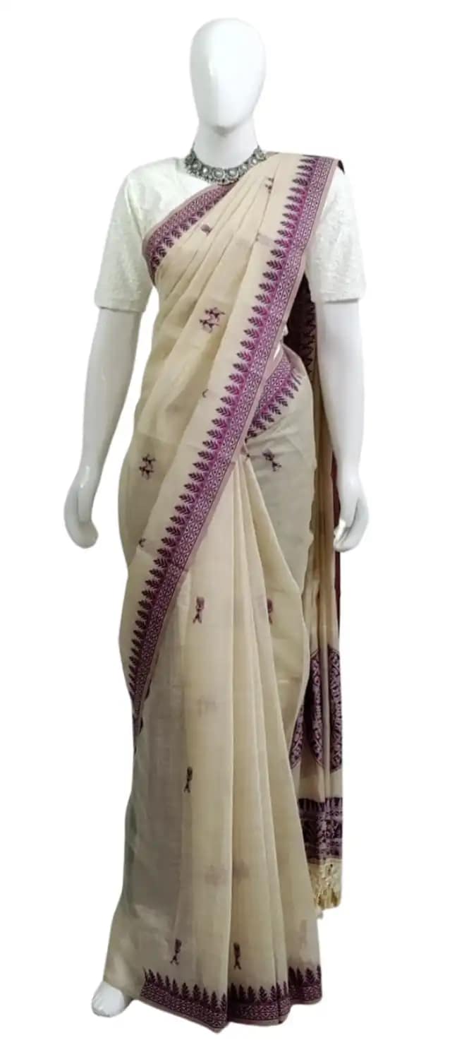 Saura Art Cotton Saree Beige Purple Mandala Medallion