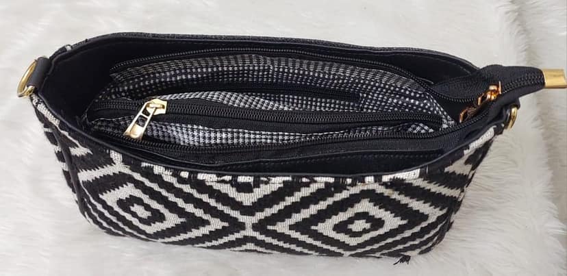 Black and White Handwoven Jute Crossbody Bag with Adjustable Strap view 4