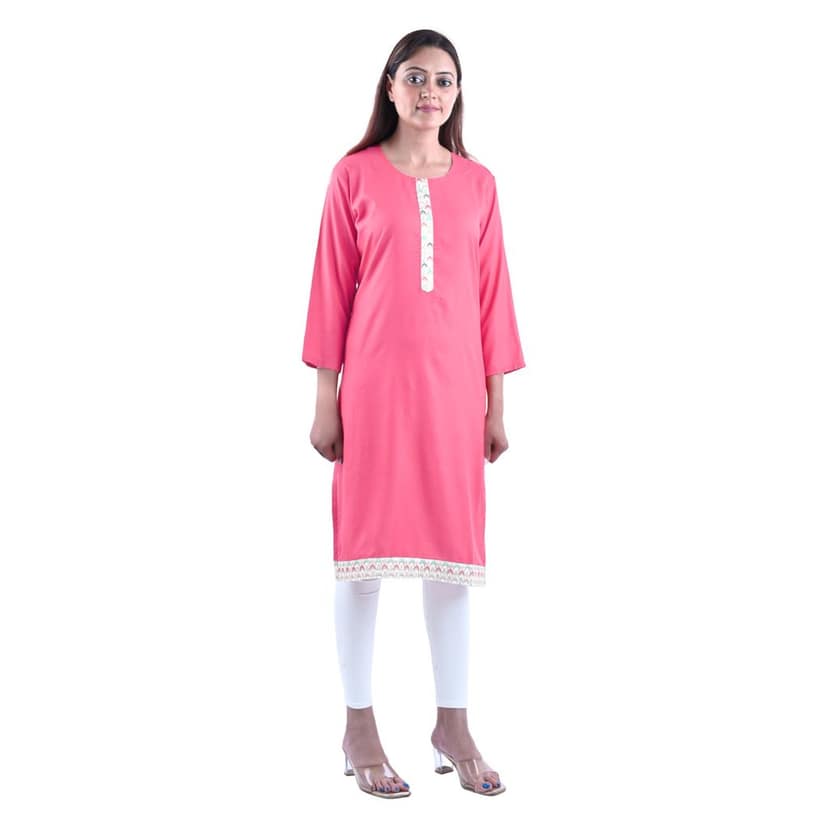 Cotton Fabric Ethnic Zari A- Line Kurti Red Women's view 3