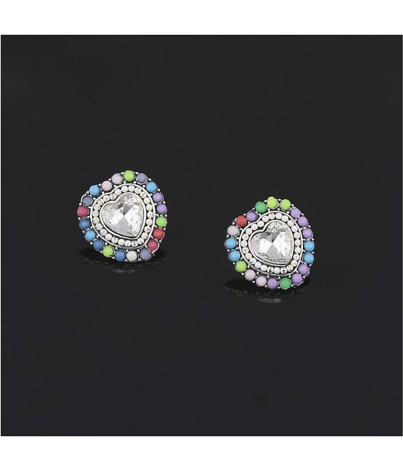 SILVER SHINE Charm Heart Shape Diamond Multi Colour Stud Earring For Women Girl