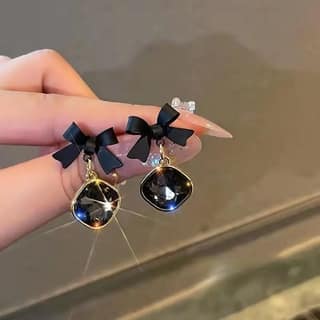 Chic Black Bow & Square Crystal Dangle Earrings for Women