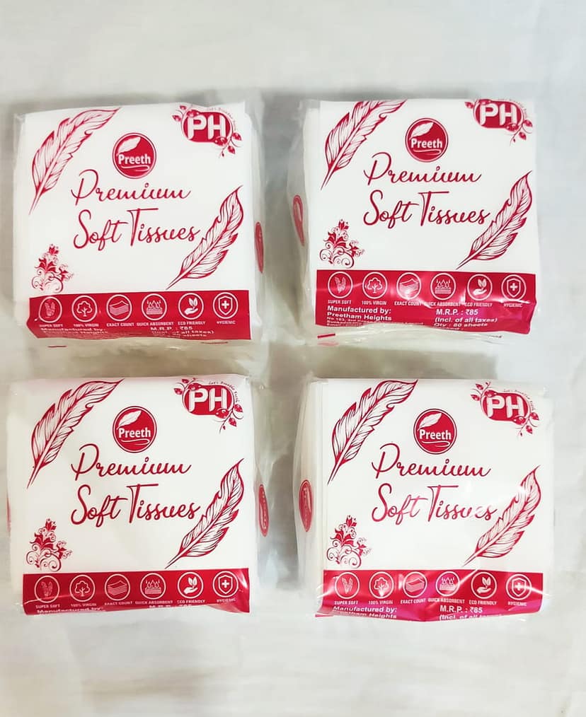 Preeth Premium Soft Tissue Papers for Home and Office, 80 Pulls -1 Ply, Size 27x 30cms -Ultra Soft & High Absorbent Pack Of 4, 320 Pulls (pack of 4)