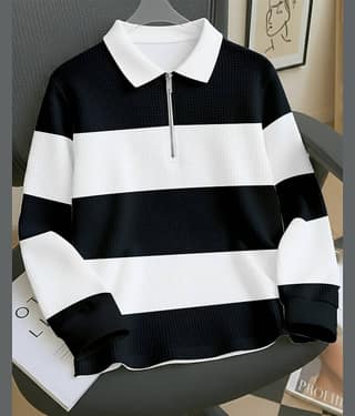 ENITOR Men Cotton Blend Regular Fit Striped Polo T Shirt ( White )