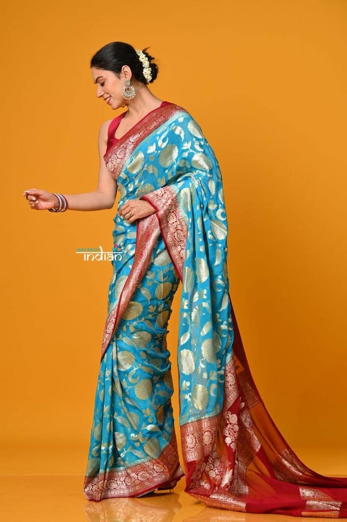 Suhaani ~ Handloom Khaddi Georgette Saree With All Over Floral Jaal~ Saline Blue with Red view 2