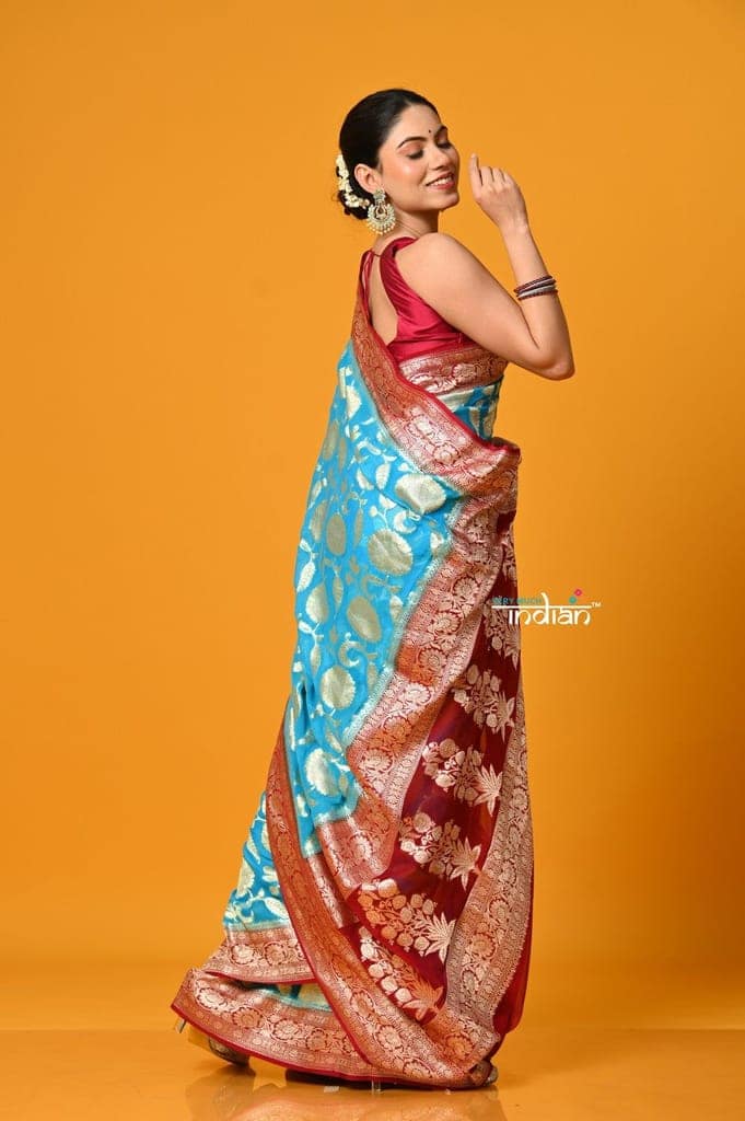 Suhaani ~ Handloom Khaddi Georgette Saree With All Over Floral Jaal~ Saline Blue with Red view 3