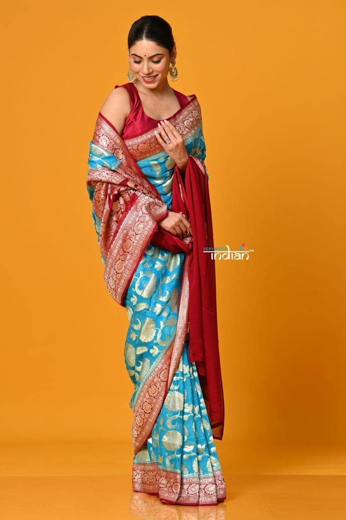 Suhaani ~ Handloom Khaddi Georgette Saree With All Over Floral Jaal~ Saline Blue with Red view 4