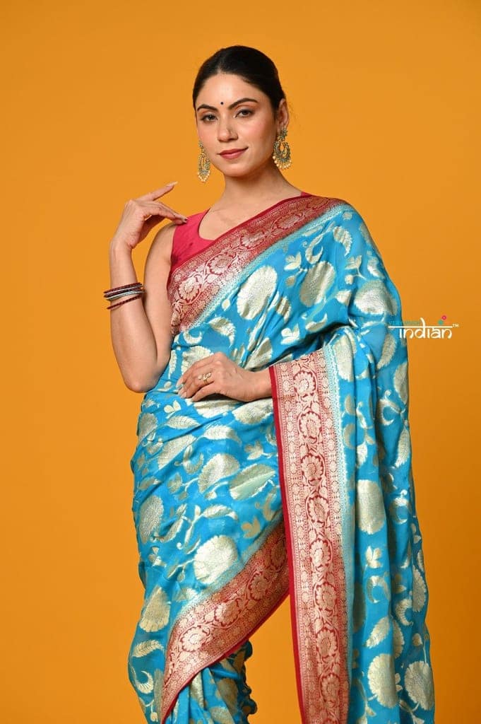Suhaani ~ Handloom Khaddi Georgette Saree With All Over Floral Jaal~ Saline Blue with Red view 5