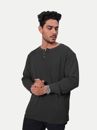 Men Black Full Sleeve Henley Neck T-Shirt